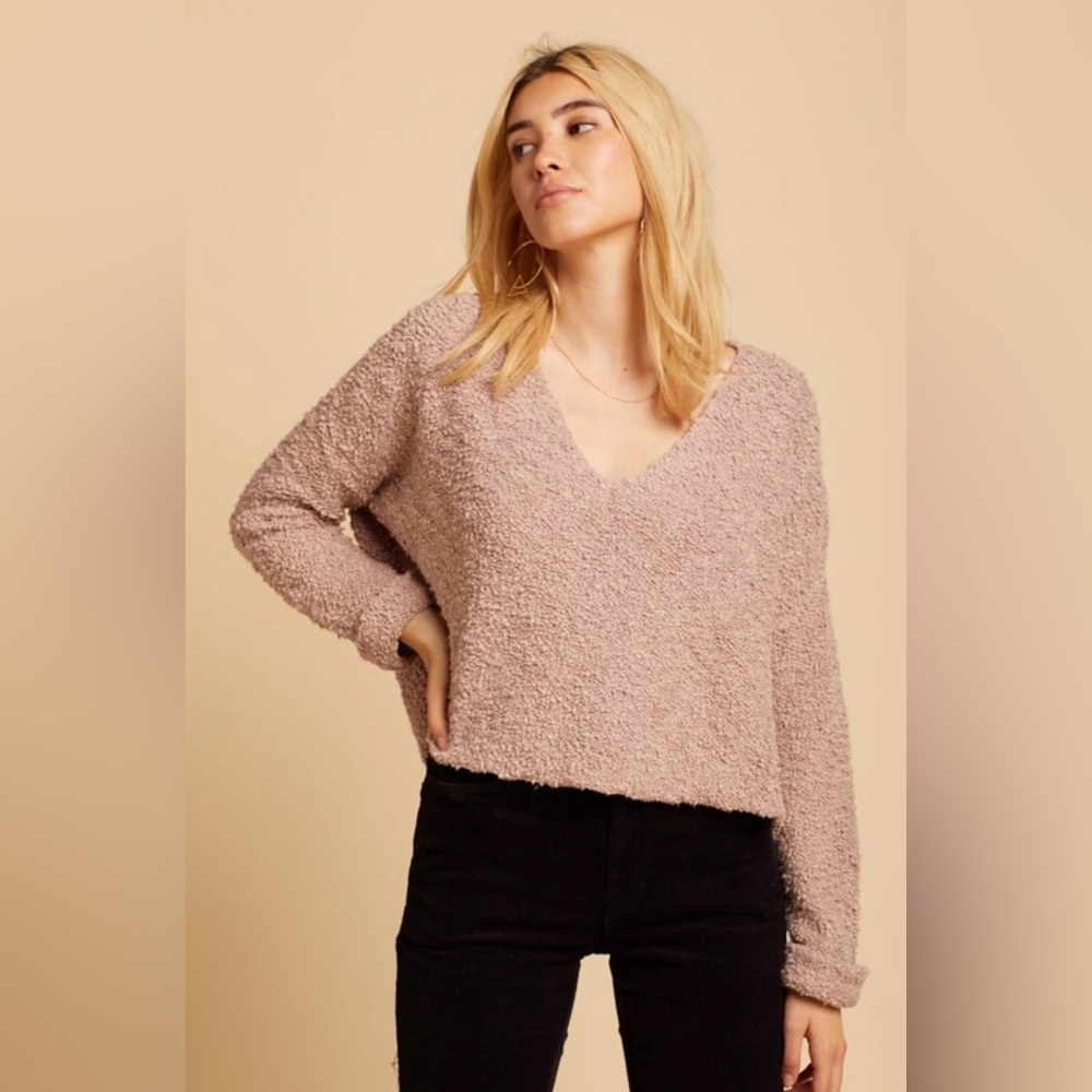 Free People Pink V-Neck Sweater Plush Texture